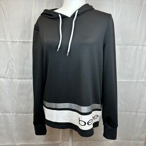 Bebe‎ Sport Womens Black Pullover Hoodie Logo Hem Metallic Stripe Medium